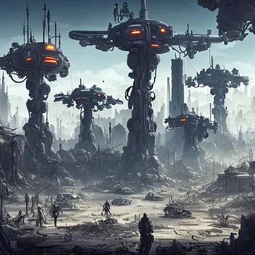 Prompt: Post apocalyptic town with futuristic tech on a surrounded by dead trees 
and with mechs fighting people and a futuristic city in the background 
