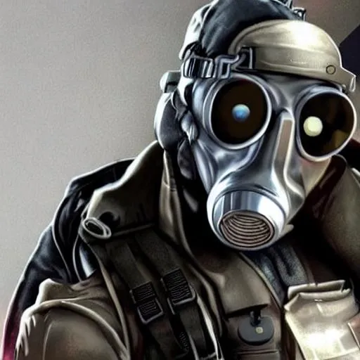 Prompt: a hyper realistic cyborg with cool gas mask.mask that has and cool outfit and cool cyber weapon  (male)