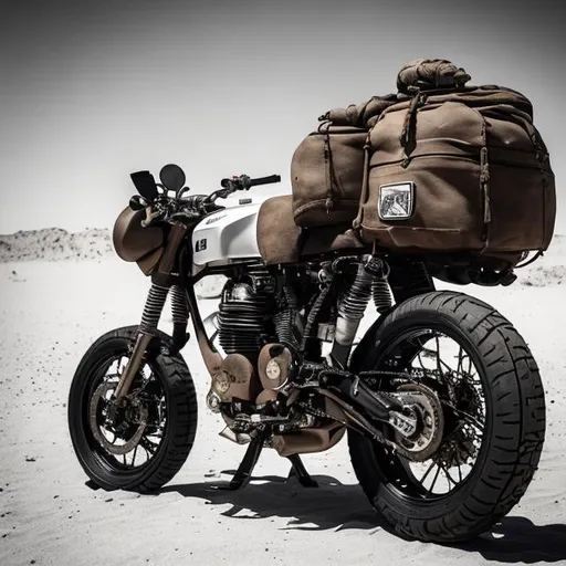 Prompt: scifi desert motorcycle, cafe racer, HR Geiger, black, robotic, rocket boosters, ruck sack, military, gold details, 1200cc engine, monochrome