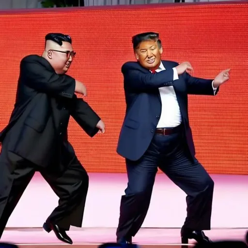 Prompt: donald trump and kim jong un performing gangnam style together 