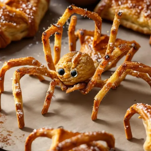 Prompt: Legendary spiders snuck across crunchy sticks of pastry