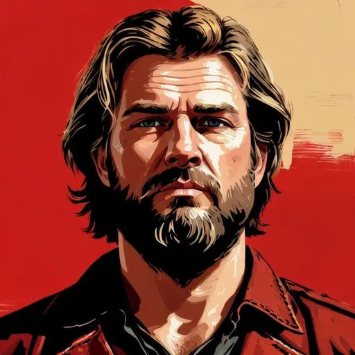 Prompt: Middle Aged White Man. Messy Hair. Blonde Hair Colour. Full Thick Beard. Blue Eyes. Chiseled Face. Fair Skin. Untidy appearance. White Unbuttoned Shirt. Stern Expression. Upper half portrait. Intricate detailing. Detailed Lines. Oil paint brush strokes. Western movie artwork. Red dead redemption inspired. Red background. Red background with RDR2 shadow woods. Red Dead inspired background. Red Dead Redemption Inspired background.