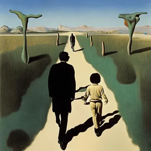 Prompt: man walking with his son by salvador dali