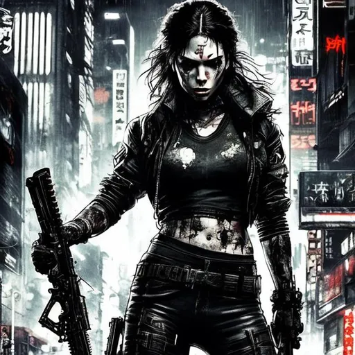 Prompt: 4k. Focused. Gritty Todd McFarlane style black and neon switchblade killer lady. Beautiful. Deadly.. Full body. Accurate. realistic. evil eyes. Slow exposure. Detailed. Dirty. Dark and gritty. Post-apocalyptic Neo Tokyo .Futuristic. Shadows. Armed. Fanatic. Intense. 