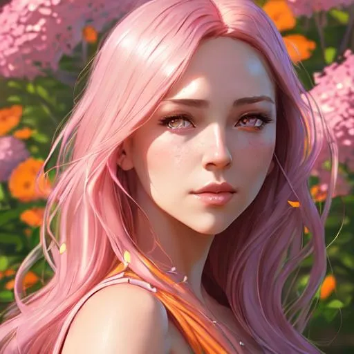 Prompt: Beautiful realistic young woman in wildflower garden on a sunny summer day, pink lilac and orange colors, Beautiful D&D Character Portrait, Detailed, Realistic Face, Digital Portrait, Fiverr Dnd Character, Wlop, Stanley Artgerm Lau, Ilya Kuvshinov, Artstation, Hd, Octane Render, Hyperrealism, elegant, seductive, anime character, background digital painting, digital illustration, extreme detail, digital art, ultra hd, vintage photography, beautiful, tumblr aesthetic, retro vintage style, hd photography, hyperrealism, extreme long shot, telephoto lens, motion blur, wide angle lens, deep depth of field, warm, anime Character Portrait, Symmetrical, Soft Lighting, Reflective Eyes, Pixar Render, Unreal Engine Cinematic Smooth, Intricate Detail, anime Character Design, Unreal Engine, Beautiful, Tumblr Aesthetic,  Hd Photography, Hyperrealism, Beautiful Watercolor Painting, Realistic, Detailed, Painting By Olga Shvartsur, Svetlana Novikova, Fine Art