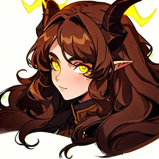 Prompt: Aged female human with yellow glowing eyes, long dark brown curly hair. middle long horns. Character portrait.