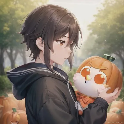 Prompt: there is a baby that is holding a stuffed animal in a pumpkin patch, cinematic cgsociety, ghailan!, cute owl, tangled, aww, unreal engine: .2, profile picture 1024px, mulan, cute young man, 2 0 1 9 anime, lorax movie, photoreal details