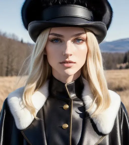 Prompt: 64K UHD HDR Realistic Detailed Oil Painting of Enikő Muri wearing a long black coat trimmed with white fur. High Black Pillbox-Type Hat. Shoulder-Length Blonde Hair. Light Yellow Eyes.