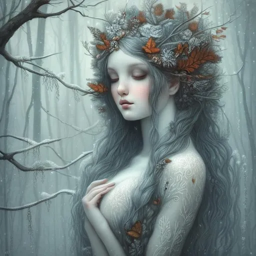 Prompt: "winter forest nymph, black leaves, detailed, intricate, surreal, christian schloe art"