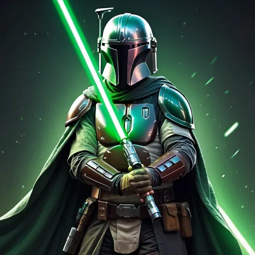 Prompt: Jedi Mandalorian wielding a green lightsaber, detailed armor and cloak, high quality, digital illustration, sci-fi, fantasy, cool tones, intense lighting