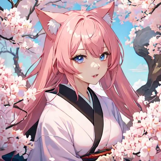 Prompt: Japan as a female human, 8k, UHD,  highly detailed, pink hair, blue eyes, cat ears