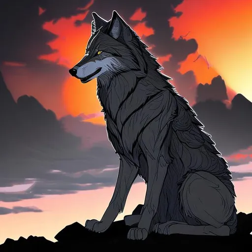 Prompt: Detailed full body wolf sitting on a cliff and facing the sunset and all black