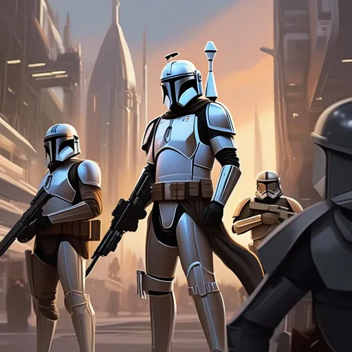 Prompt: Mandalorian stormtroopers. T shaped visor. Helmet. Grey armor. They wield s a rifle. In background a scific city. Star wars art. rpg art. 2d 2d art.