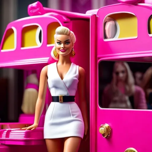 Prompt: Margot Robbie as Barbie wearing a Pink Prada look inspired to Wes Anderson