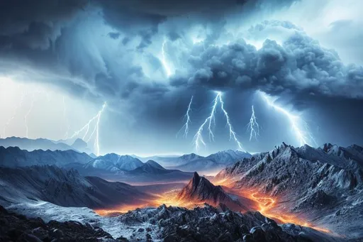 Prompt: landscape, backdrop, ragnarock, apocalypse, snow, lightning, mountain from above, mountain peak, icy, stormclouds, epic, rpg