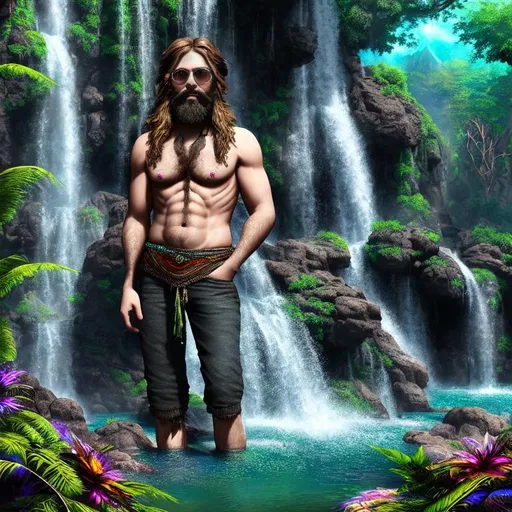 Prompt: Psychedelic, Happy, Dark, cinematic lighting, 3D, HD, [{Rugged Handsome!}bearded Hippie, Beautiful big eyes], expansive magical waterfall background, hyper realistic, uber detailed, 64k, high quality, sharp focus, intricate details, highly detailed --s98500