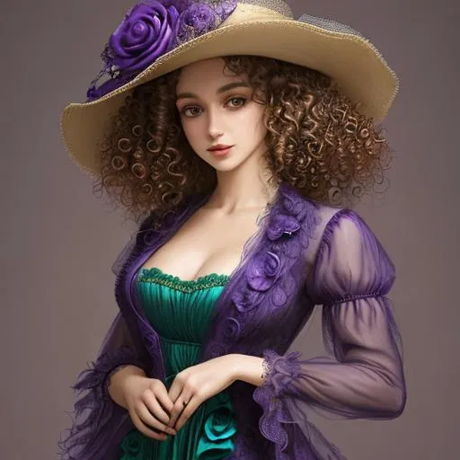 Prompt: A woman with curly hair wearing a hat with a purple rose and peacock feathers
