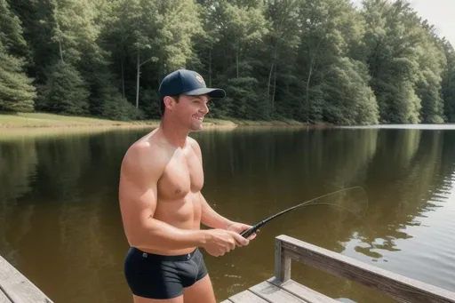 Prompt: Long shot, wide angle, 24mm lens, country guy with baseball cap fishing in his boxer briefs. It's a beautiful summer day at his lake house in the  northeastern United States. 