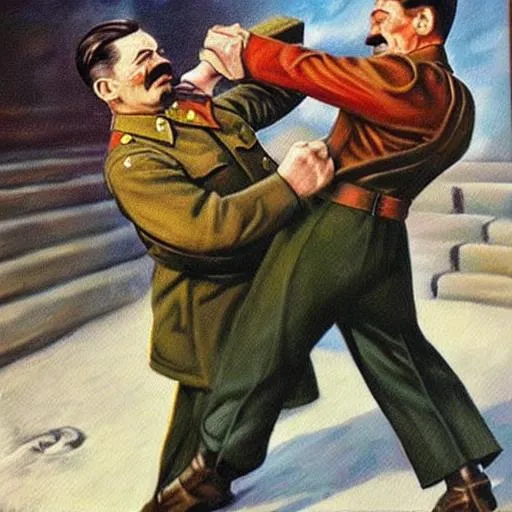 Prompt: Stalin fighting hitler realistic painting
