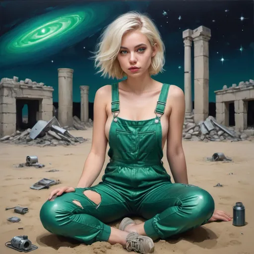 Prompt: A beautiful 25-year-old woman with platinum blonde hair, wearing a tight metallic green jumpsuit, sits on the sand next to a small mechanical lens-shaped device. The girl's overalls are torn in several places. in the background: the remains of destroyed walls and columns of stone buildings. night, dark blue sky with bright stars of an alien galaxy. style: oil painting.