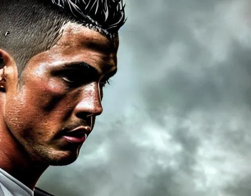 Prompt: Hyperrealistic painting of ronaldo, daytime, somber, 16k, highly detailed, exquisite , highly detailed, intricate details, beautiful, flawless, masterpiece, soft dramatic moody lighting, radiant aura, ultra high quality octane render, hypermaximalist