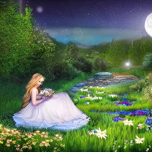 Prompt: Realistic, moon, flowers, nighttime, fairy cottage,  bubbling stream,  8k, has a beautiful Human-like fairy laying on the meadow, in the center of the portrait, staring at the moon in a beautiful gown, beautiful fantasy landscape, realistic and natural, cosmic sky, detailed full-color, sharp, in focus, cinematic, fairy with beautiful glossy wings, long, gold hair, perfect face, 