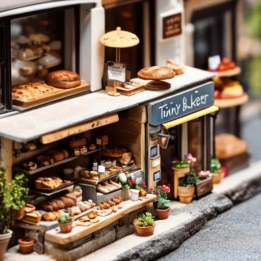 Prompt: Tiny wooden bakery, tiny people, stone oven, busy customers at night, cars parked nearby 