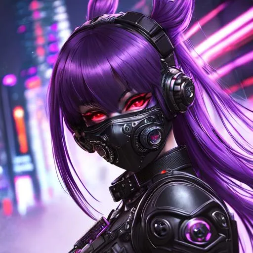 Prompt: Girl with purple hair and red eyes in the future wearing a mask in a city at night with a lot of technology and flashing lights, symmetrical, perfect composition, hyperrealistic, super detailed, 8k, high quality, Splash art, front, epic Instagram, artstation, hyperdetailed intricately detailed, unreal engine, intricate detail, complementary colors, concept art, 8k, heavy strokes, full height, full body,