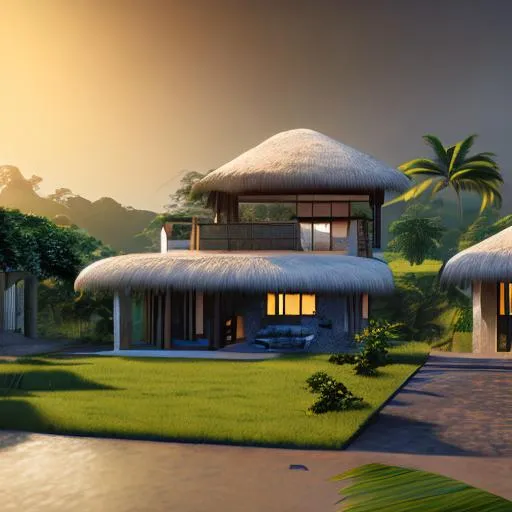 Prompt: modern design of beautiful detailed  2 story family house with a thatched roof and intricate and artistic congolese minerals details in small detailed beautiful modern paved Congolese town sunset behind the house, around the rainforest volumetric natural light wakanda style, cinematic light, ultra realistic, vray, far view, perspective landscape