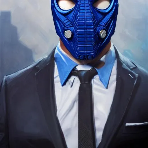 Prompt: Portrait of man wearing a suit and tie and superhero mask and with strong face, blue, perfect composition, hyperrealistic, super detailed, 8k, high quality, trending art, trending on artstation, sharp focus, studio photo, intricate details, highly detailed, by greg rutkowski