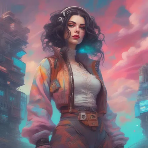 Prompt: A colourful and beautiful head to toe Persephone as a cyberpunk woman with brunette hair wearing vintage lacy clothes, with clouds for hair in a painted style