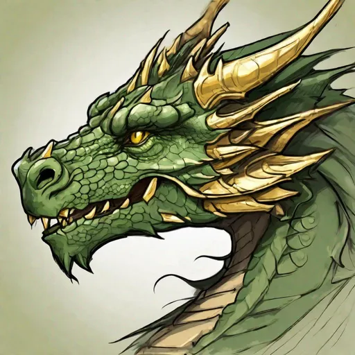 Prompt: Concept design of a dragon. Dragon head portrait. Side view. The dragon has a closed mouth. Coloring in the dragon is predominantly olive green with golden streaks and details present.