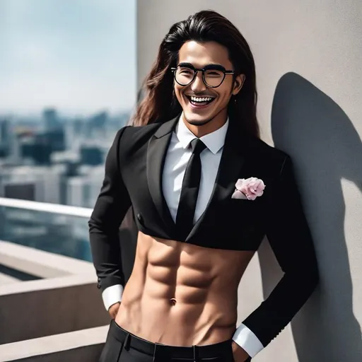 Prompt: an attractive long-haired 20-years old man with a six pack abs and glasses wearing a crop top black suit and tie with black suit pants, he is laughing and looking around, he also has his hands on his hips, sideview, he is outside by buildings 