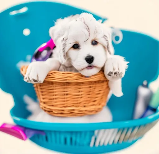 Prompt: Puppy in a basket with shampoo, brush and a comb by basket side