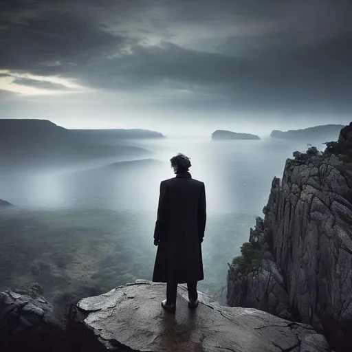 Prompt: a man dressed with a long 80's coat, standing on a big rock, looking at a beautiful, steamy and dark scenery. The picture is a rromantic one 