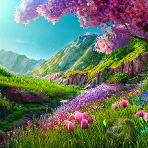 Prompt: Spring, beautiful valley of flowers, realistic flowers, beautiful sunny day, heavenly flowers, sun, trending on artstation, 8K resolution, concept art, cosmic, ethereal, matte background, landscape, sunny, hyperdetailed