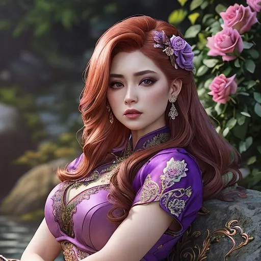 Prompt: a realistic feminine elegant ethereal princess with intricately decorated purple kebaya clothes, auburn balayage  hair, seated on a rock bench in a beautiful rose garden, highly detailed , HD quality, dramatic light, octane, facial closeup