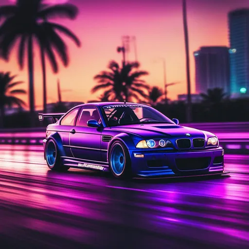 Prompt: 2001 BMW M3 E46 GTR, synthwave, aesthetic cyberpunk, miami, highway, dusk, neon lights, coastal highway, dusk, neon lights, coastal highway, sunset, drift, nurburgring, water on the road, blade runner, 64k, watercolor, macro sharp focus, 8, hyper realistic, cinematic, highly detailed, photoraelistic, clean, metallic