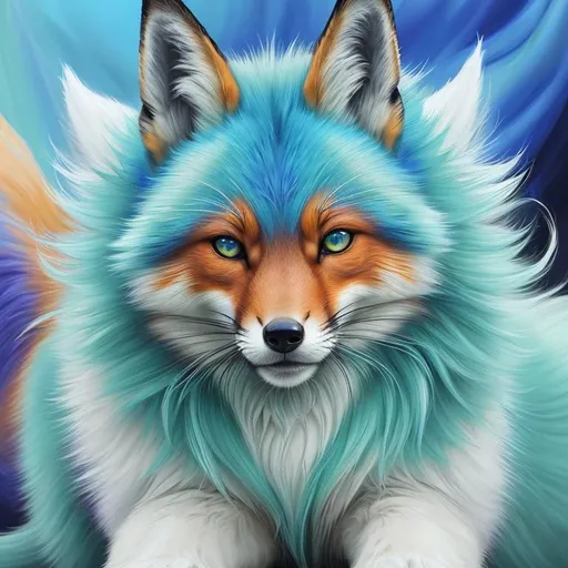 Prompt: Portrait of a beautiful (fox:1.5), glistening {royal blue fur}, realistic, epic oil painting, pastel colors, (canine quadruped), large round {mint green eyes}, hyper detailed eyes, (hyper real), furry, (hyper detailed), photorealism, extremely beautiful, (on back), sprawled, playful, raised paws, UHD, studio lighting, best quality, professional, extremely beautiful, glistening blue fur, billowing silver mane, glistening silver mane, highly saturated colors, thick oil texture, masterpiece, ray tracing, 8k eyes, 8k, highly detailed, highly detailed fur, hyper realistic thick fur, (high quality fur), fluffy, fuzzy, (plump:1.7), (cute fangs, open mouth:1.5), full body shot, hyper detailed eyes, perfect composition, realistic fur, fox nose, highly detailed mouth, realism, ray tracing, soft lighting, studio lighting, masterpiece, trending, instagram, artstation, deviantart, best art, best photograph, unreal engine, high octane, cute, adorable smile, lazy, peaceful, (highly detailed background), vivid, vibrant, intricate facial detail, incredibly sharp detailed eyes, rows of blossoming sakura trees, incredibly realistic fur, concept art, anne stokes, yuino chiri, character reveal, extremely detailed fur, sapphire sky, complementary colors, golden ratio, rich shading, vivid colors, high saturation colors, silver light beams