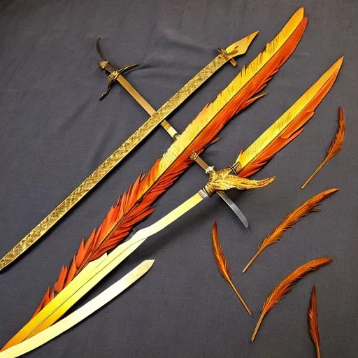 Prompt: Create a Middle ages Sword, made out of Phoenix Feathers and is entirely golden.