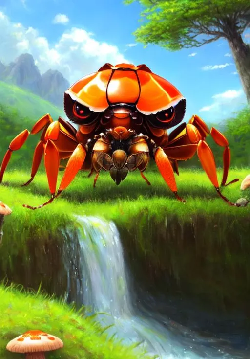 Prompt: UHD, , 8k,  oil painting, Anime,  Very detailed, zoomed out view of character, HD, High Quality, Anime, Pokemon, Parasect is a large cartoonish orange insectoid hermit-crab-like cicada Pokémon with a mushroom as its back. It has a small head with pure white eyes and a segmented body that is mostly hidden by the mushroom. It has three pairs of legs with the foremost pair forming large pincers. The fungus growing on its back has a large red cap with yellow spots throughout.

The insect has been drained of nutrients and is now under the control of the fully-grown tochukaso. Removing the mushroom will cause Parasect to stop moving. It can thrive in dark forests with a suitable amount of humidity for growing fungi. Swarms of this Pokémon have been known to infest trees. The swarm will drain the tree of nutrients until it dies and will then move on to a new tree. 

Pokémon by Frank Frazetta