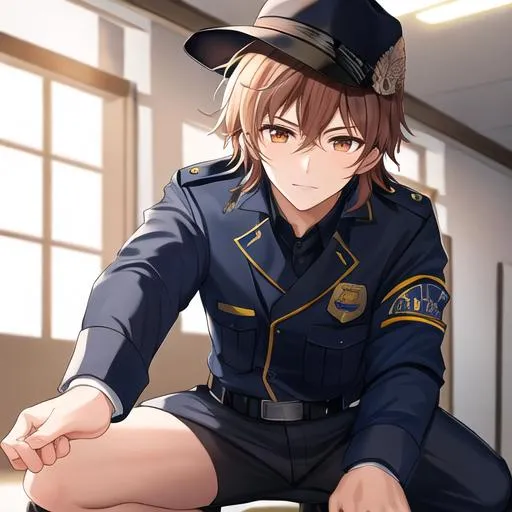 Prompt: Caleb as a police officer kneeling down reaching out his hand