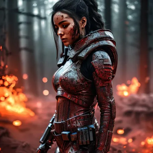 Prompt: create a photograph of beautiful  fictional elite space soldier female who is battle-scarred and covered in blood, extremely detailed environment, detailed background, intricate, detailed skin, natural colors , professionally color graded, photorealism, 8k, moody lighting