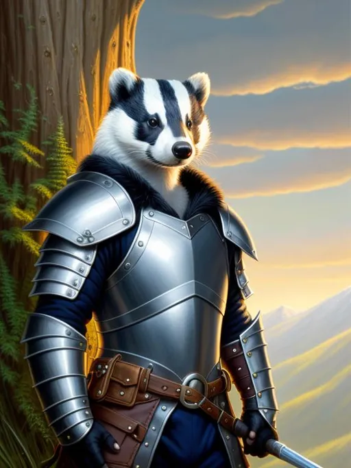 Prompt: Hyperdetailed portrait of a badger character wearing star-forged leather armor, cozy fantasy magic atmosphere