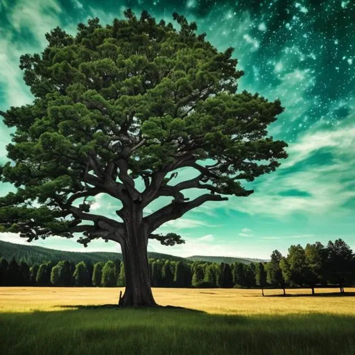 Prompt: Big old tree in the middle a green meadow with dark blue sky