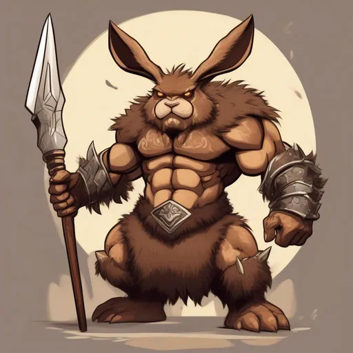 Prompt: Rabbit Monster, covered in brown and dark brown fur, barbarian armor, wielding a morning star, long minotaur horns, best quality, masterpiece, in cartoon style