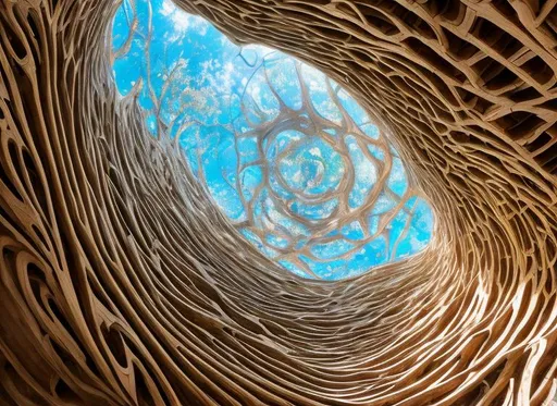 Prompt: ((masterpiece, best quality)),A detailed 8k closeup photograph of an abstract and dream-like sculpture/architecture made out of spruce wood and in-between the cracks in the wood is a portal to space,ultra realistic, concept art,((highly detailed)), geometric shapes, impossible shapes, confusing