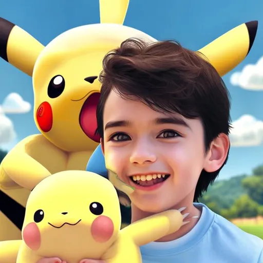 Prompt: Boy hyper realism white skin with smooth black hair ,smiling with Pikachu by his shoulder and white shirt close up with dreamy eyes and blue sky background 