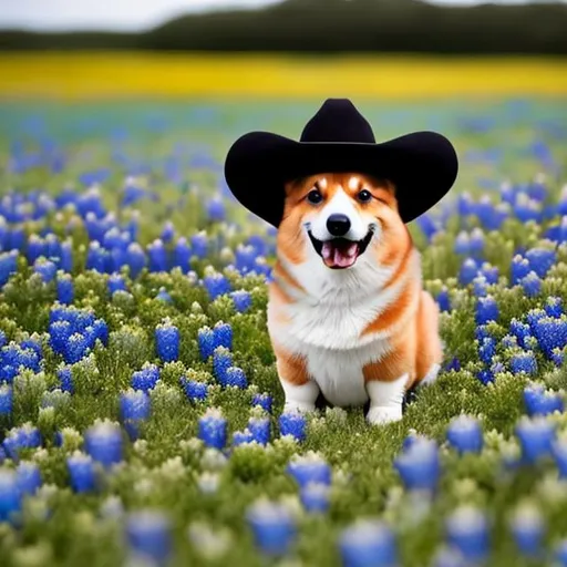 Prompt: Corgi wearing a miniature black Stetson cowboy hat on its head while sitting in a field of bluebonnets.