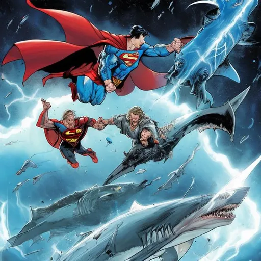 Prompt: Superman and thor battling each other while riding sharks in space